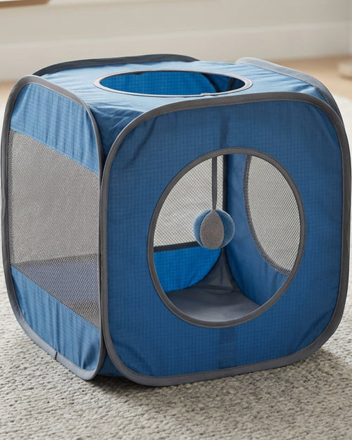 Pudva Collapsible Pet Activity Cube with 2 Openings and Hanging Ball 35 cm Blue Gray - Lifestyle view