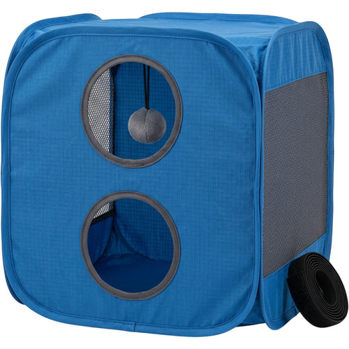 Pudva Collapsible Pet Activity Cube with 2 Openings and Hanging Ball 35 cm Blue Gray - Product view