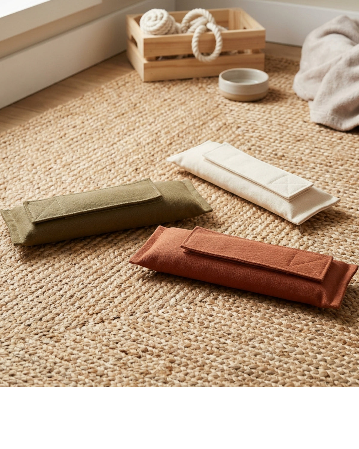 Pudva Refillable Canvas Cat Kicker Toys 28 cm 3 Piece Olive Rust Cream - Lifestyle view